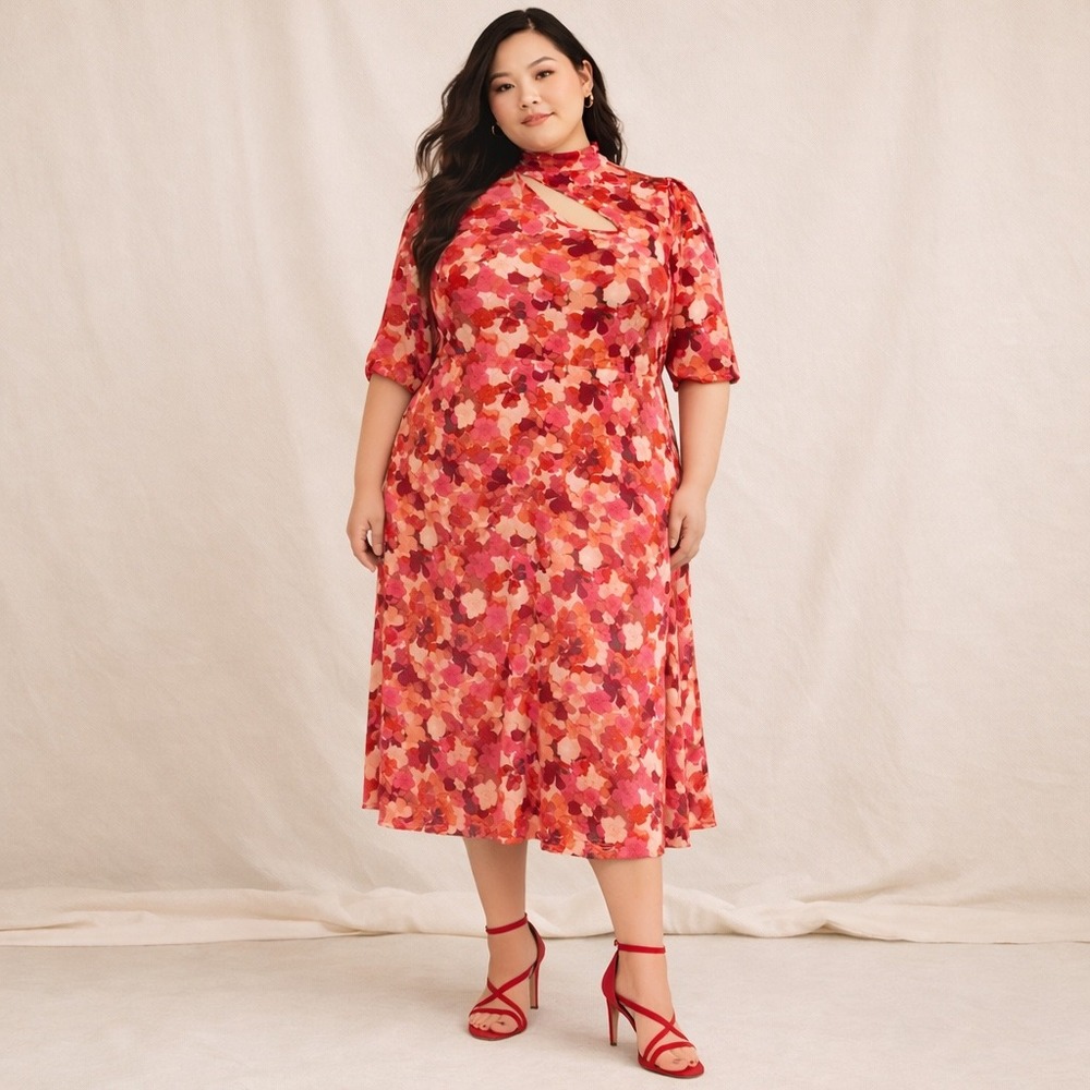 Eloquii Floral Mock Neck Keyhole Midi Dress Size 26 Plus Pink Red Retro